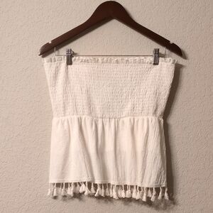 Davi & Dani White Smocked Tassel Tube Top- White-Medium NWT